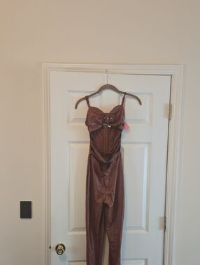 Brown Faux-Leather Cutout Jumpsuit with Buckle Detail